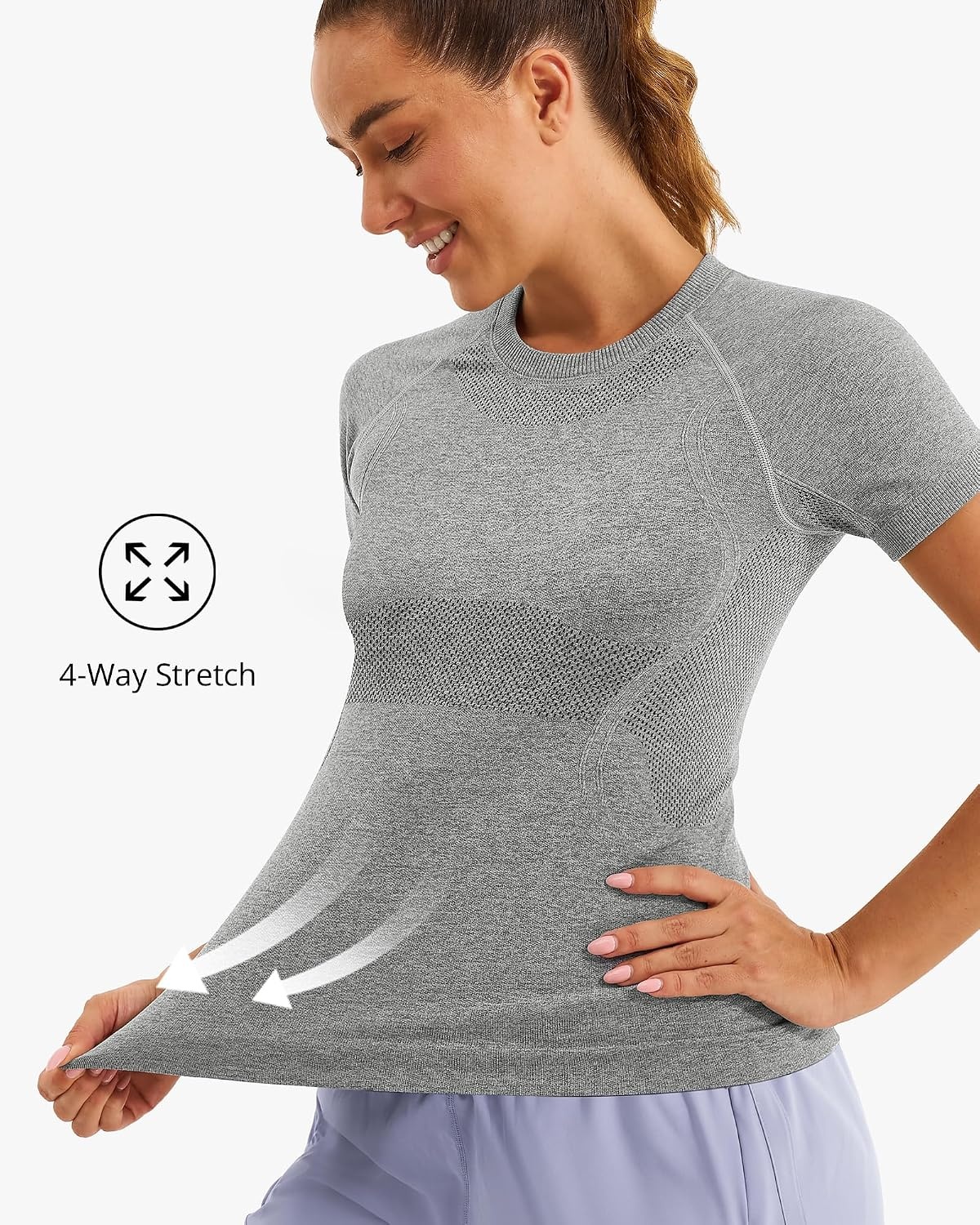 Stelle Women Workout Tops Short Sleeve Seamless Athletic Shirts Yoga Gym Sports Breathable Tees(Short Sleeve-grey)