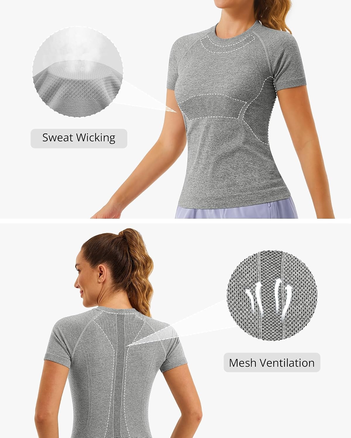 Stelle Women Workout Tops Short Sleeve Seamless Athletic Shirts Yoga Gym Sports Breathable Tees(Short Sleeve-grey)