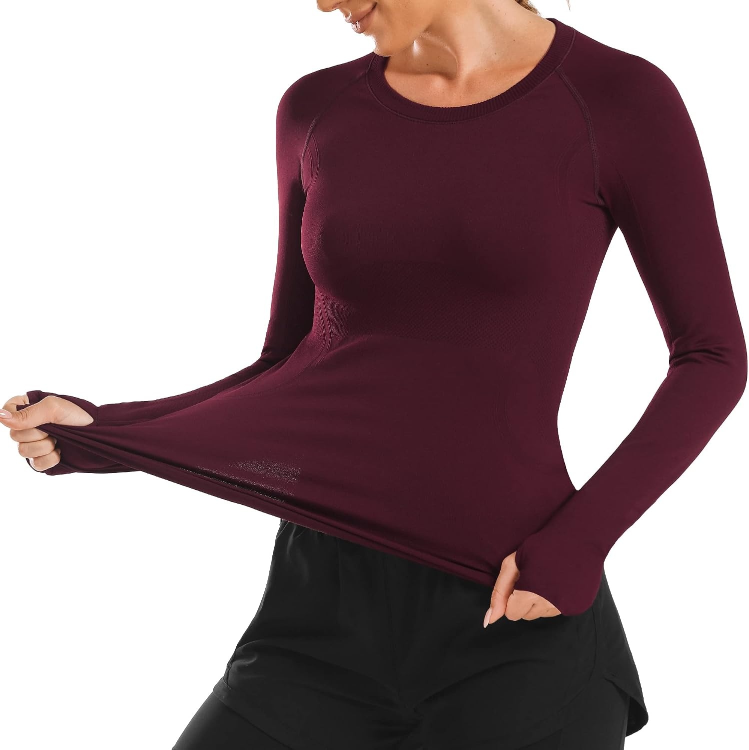Stelle Womens Seamless Long Sleeve Workout Tops Compression Athletic Shirts | Seamless construction, Moisture-wicking fabric, Four-way stretch, Breathable, Soft, Thumbholes, Fitness, Active performance(Burgundy)