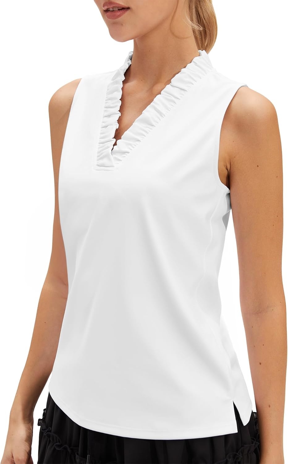 Stelle Womens Wrinkle Resist Golf Shirts UPF 50+ Sleeveless Ruffle V-Neck Tank Top Tennis Athletic Workout Top(White)