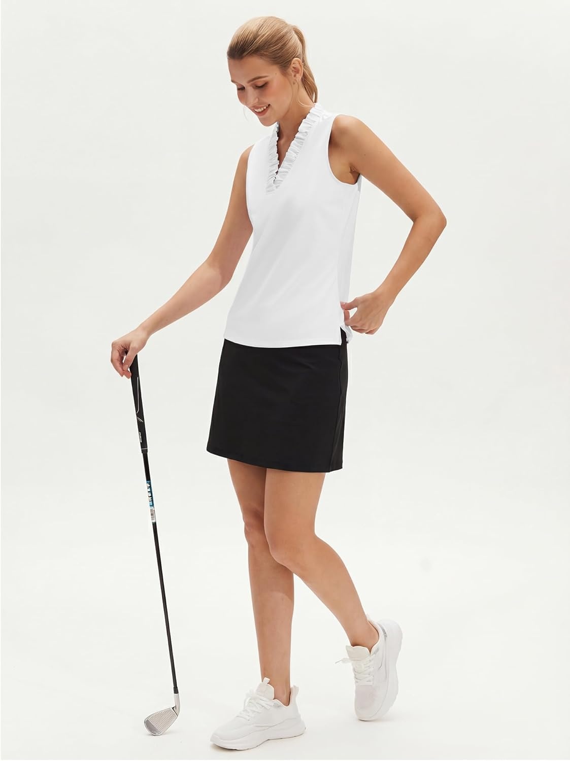 Stelle Womens Wrinkle Resist Golf Shirts UPF 50+ Sleeveless Ruffle V-Neck Tank Top Tennis Athletic Workout Top(White)