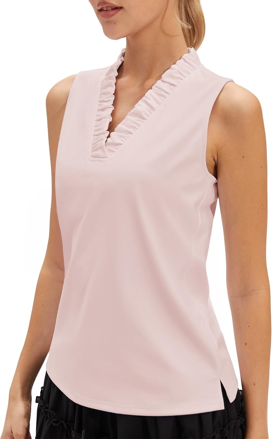 Stelle Womens Wrinkle Resist Golf Shirts UPF 50+ Sleeveless Ruffle V-Neck Tank Top Tennis Athletic Workout Top(Ballet Pink)