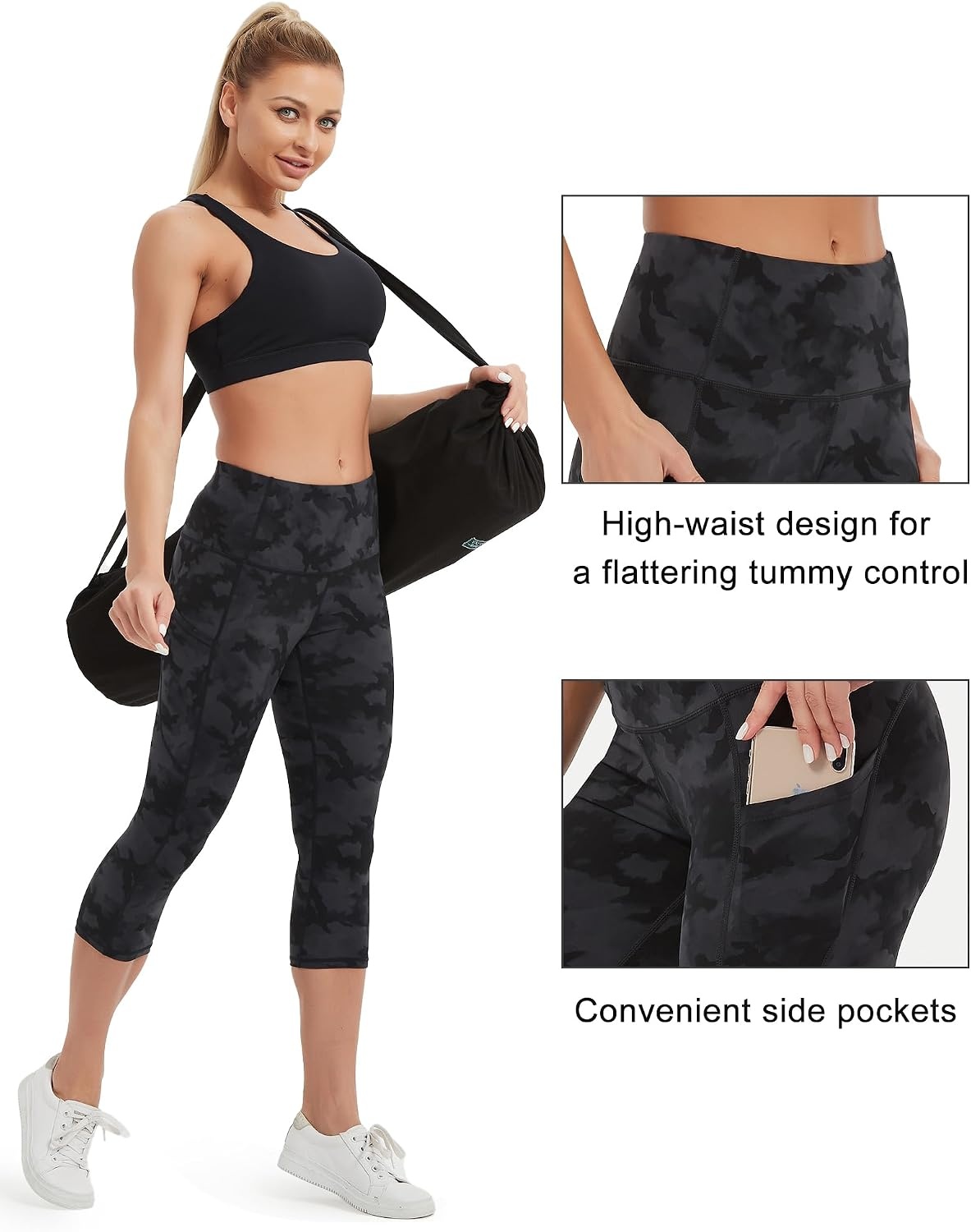 Stelle Women’s Capri Yoga Pants with Pockets Essential High Waisted Leggings for Workout(Nylon-black&grey Camo)