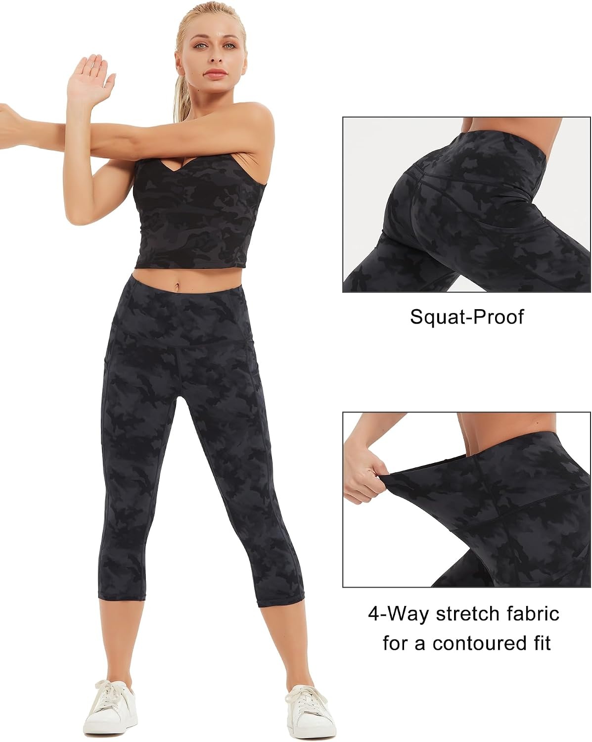 Stelle Women’s Capri Yoga Pants with Pockets Essential High Waisted Leggings for Workout(Nylon-black&grey Camo)