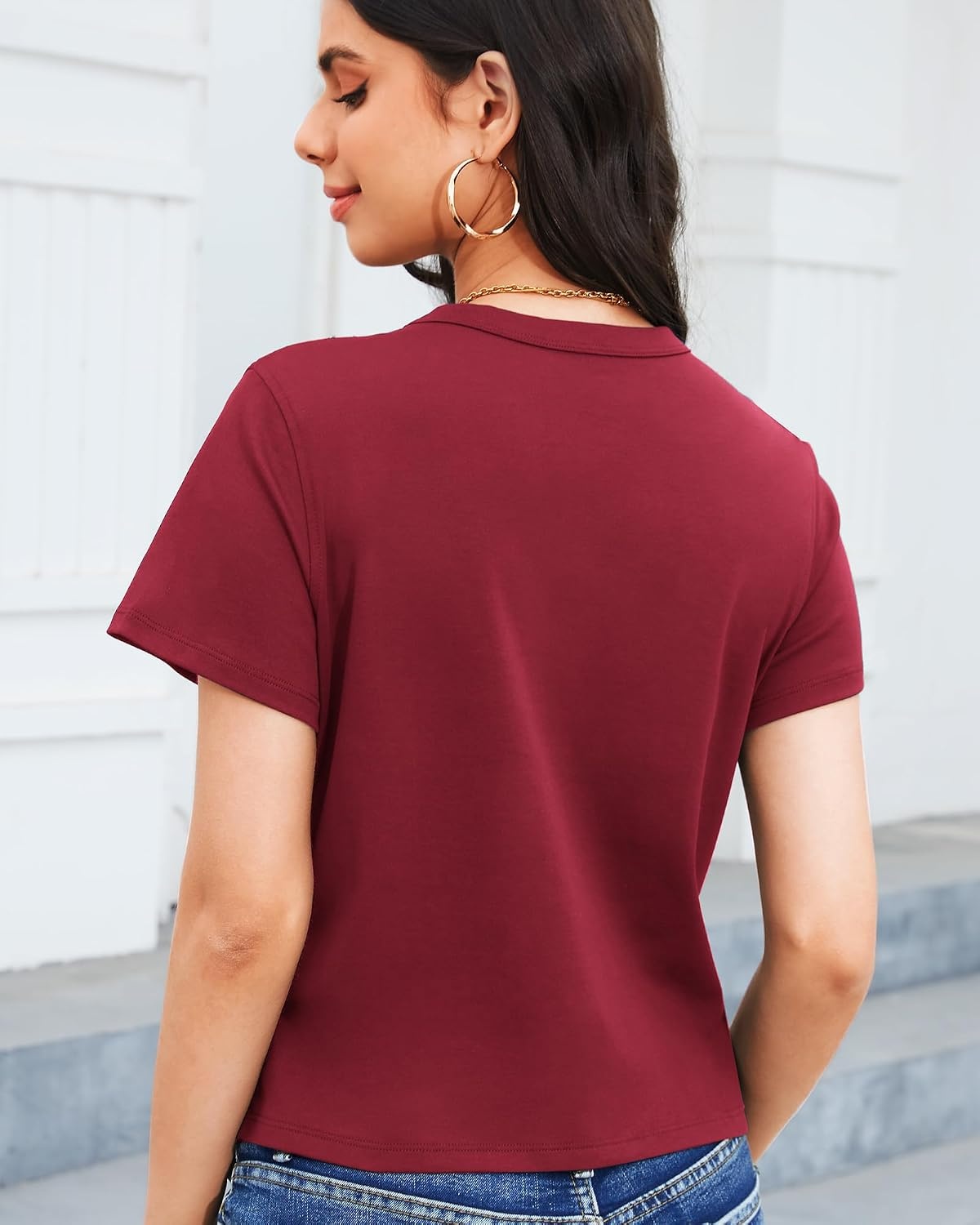 Stelle Women Cotton T Shirts Short Sleeve Basic Tees Casual Boxy Crop Tops(Burgundy)