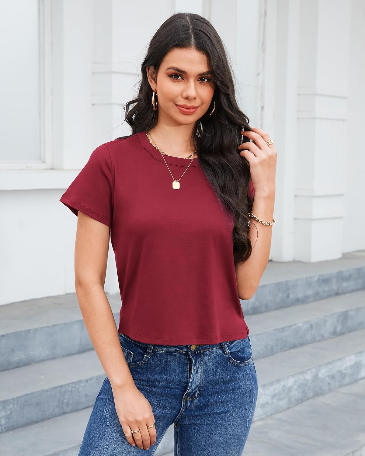 Stelle Women Cotton T Shirts Short Sleeve Basic Tees Casual Boxy Crop Tops(Burgundy)