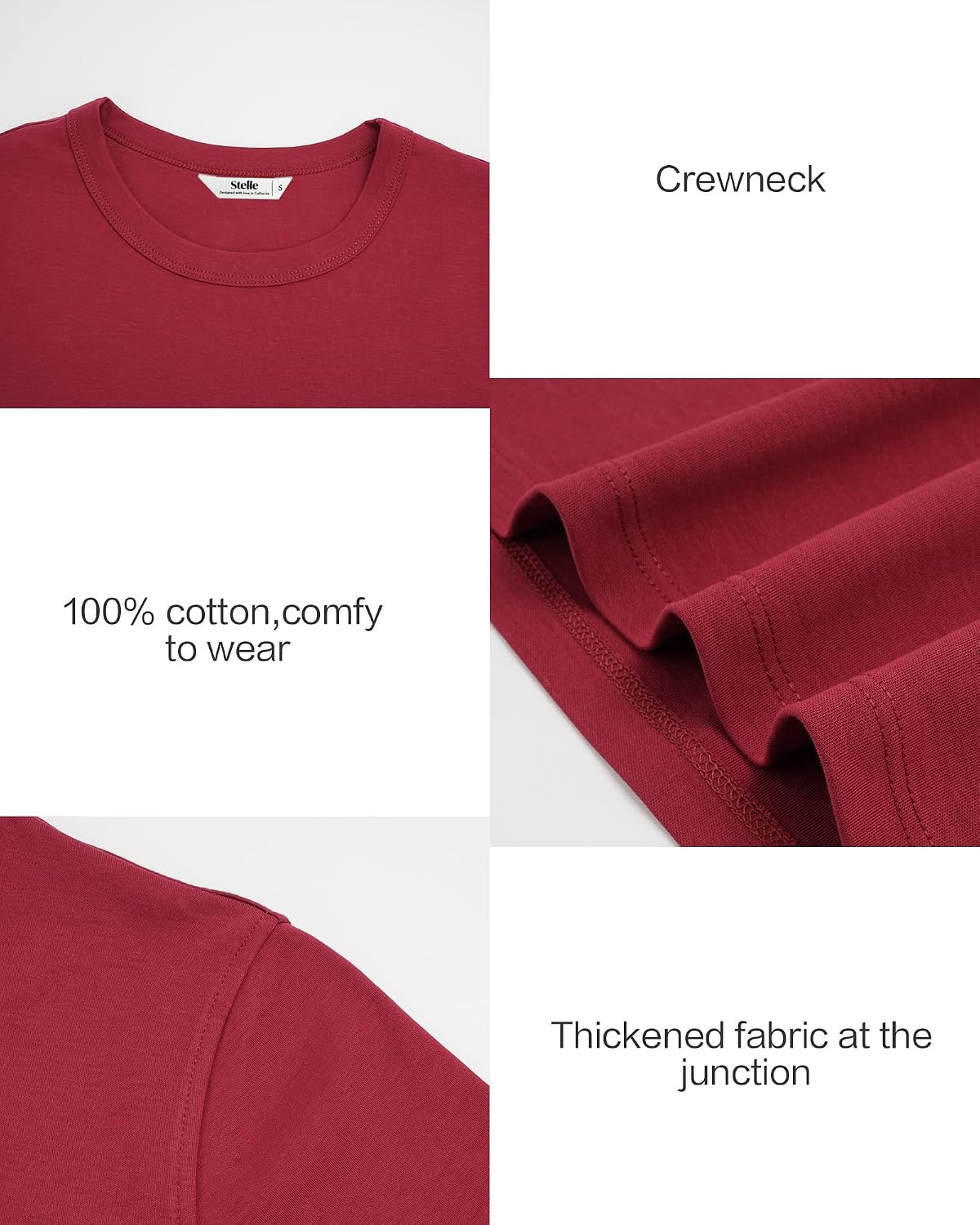 Stelle Women Cotton T Shirts Short Sleeve Basic Tees Casual Boxy Crop Tops(Burgundy)