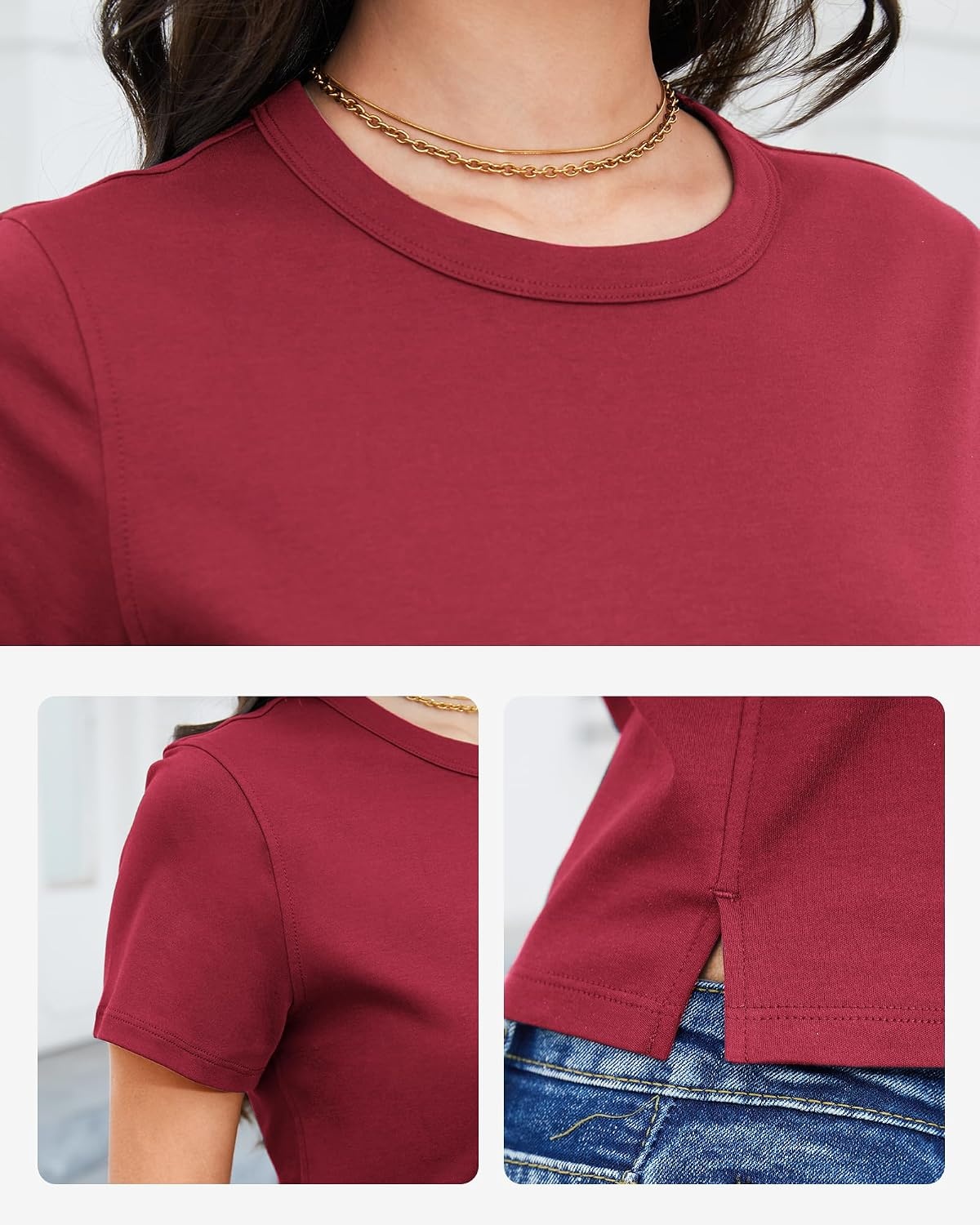 Stelle Women Cotton T Shirts Short Sleeve Basic Tees Casual Boxy Crop Tops(Burgundy)