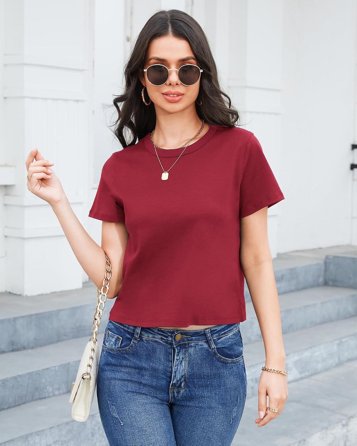 Stelle Women Cotton T Shirts Short Sleeve Basic Tees Casual Boxy Crop Tops(Burgundy)
