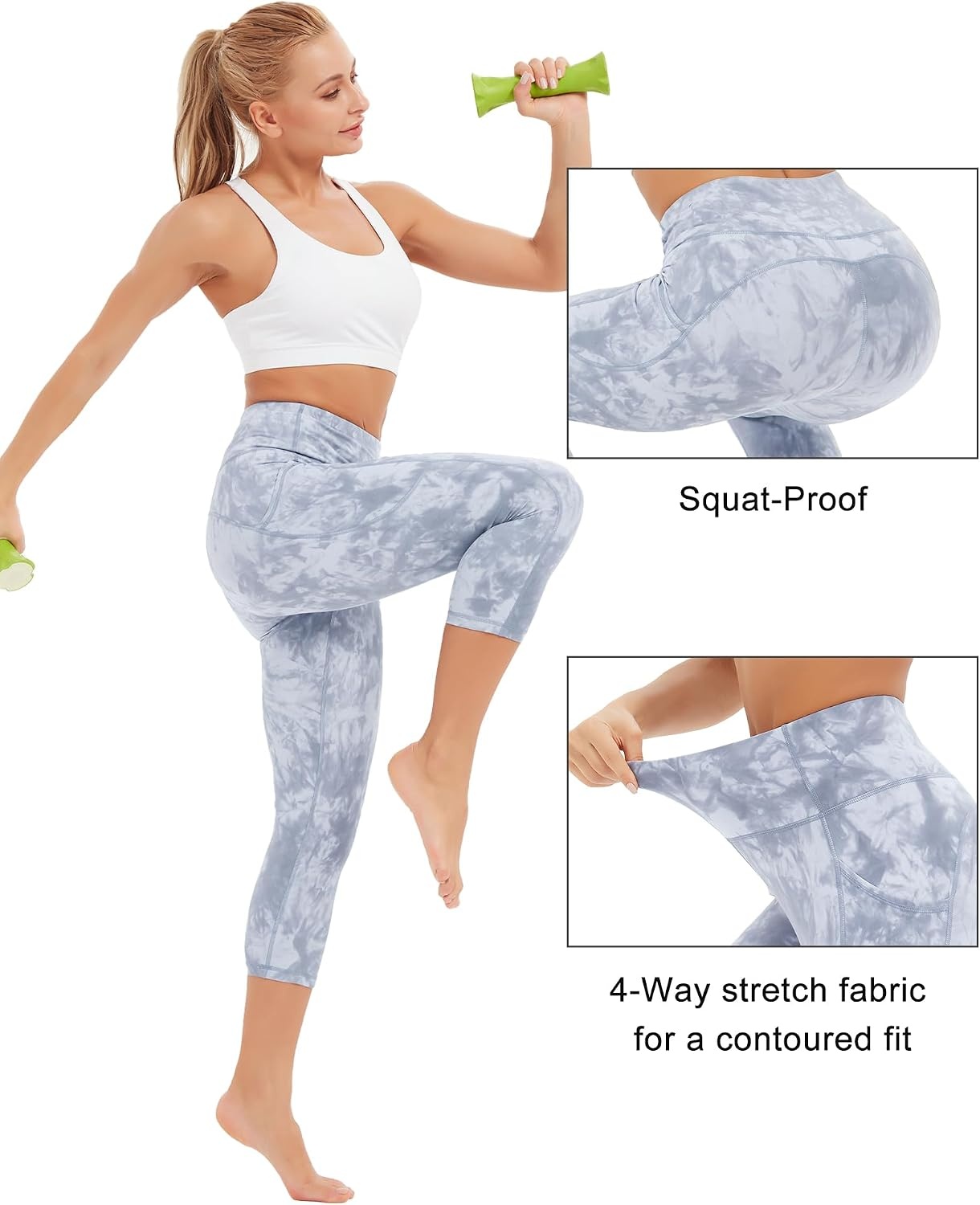 Stelle Women’s Capri Yoga Pants with Pockets Essential High Waisted Leggings for Workout(Nylon-tie Dye Grey)