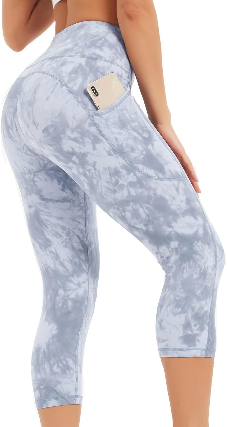 Stelle Women’s Capri Yoga Pants with Pockets Essential High Waisted Leggings for Workout(Nylon-tie Dye Grey)
