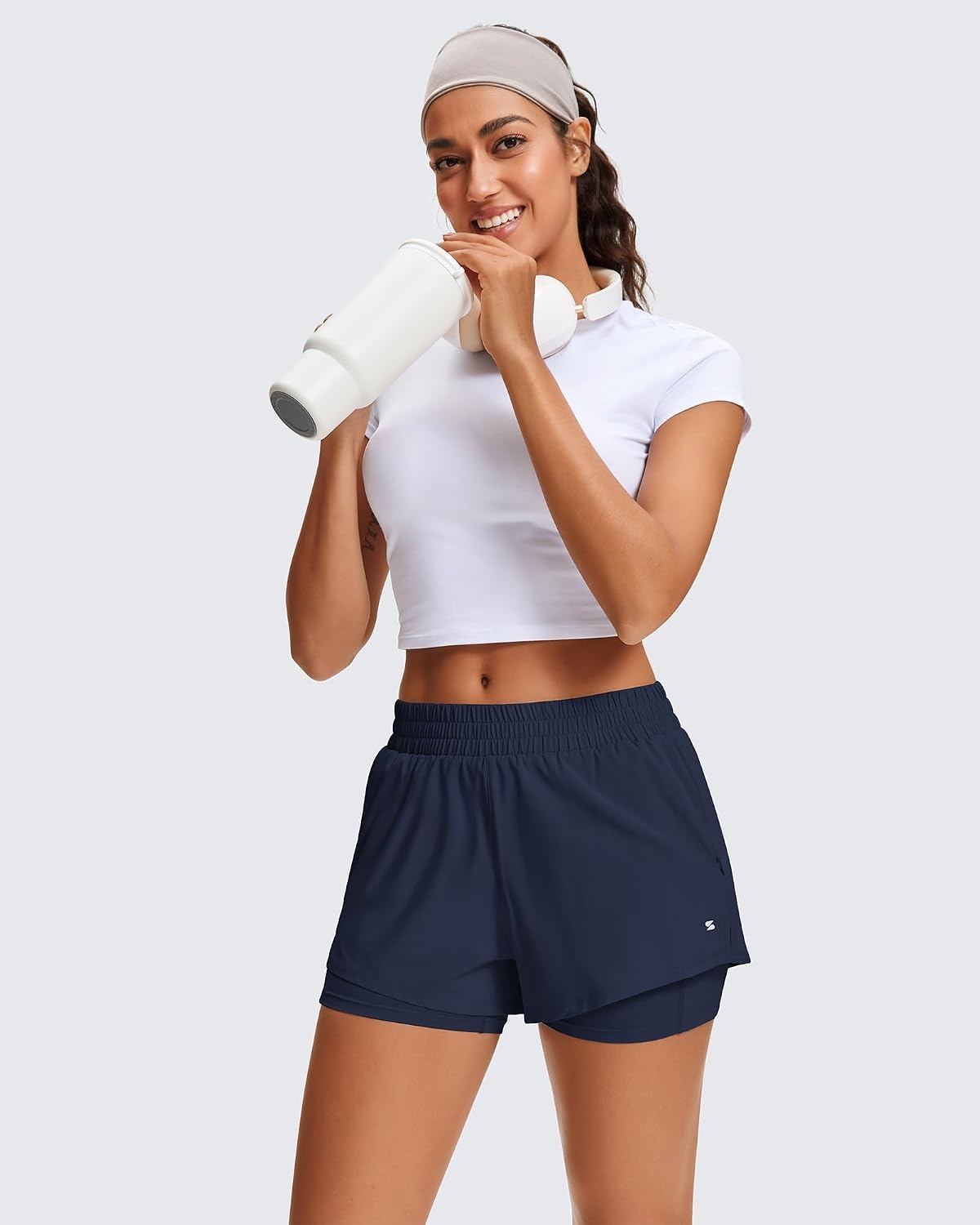 Stelle Women’s 2 in 1 Running Shorts Gym Athletic Shorts with Zip Pockets | High Waisted, 2 in 1 Athletic Shorts, Supportive Liner, Built-In Pockets, Running, Workout, Gym Training(Navy)