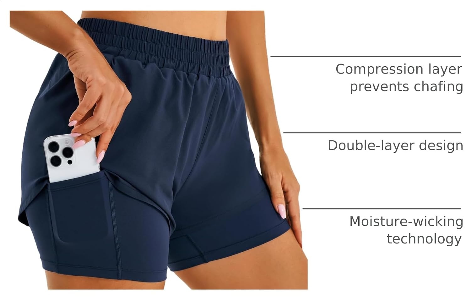 Stelle Women’s 2 in 1 Running Shorts Gym Athletic Shorts with Zip Pockets | High Waisted, 2 in 1 Athletic Shorts, Supportive Liner, Built-In Pockets, Running, Workout, Gym Training(Navy)