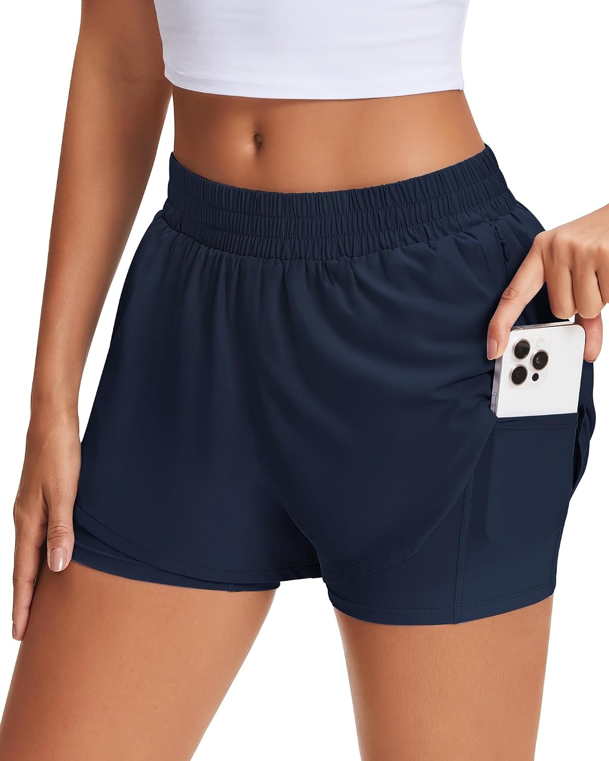 Stelle Women’s 2 in 1 Running Shorts Gym Athletic Shorts with Zip Pockets | High Waisted, 2 in 1 Athletic Shorts, Supportive Liner, Built-In Pockets, Running, Workout, Gym Training(Navy)