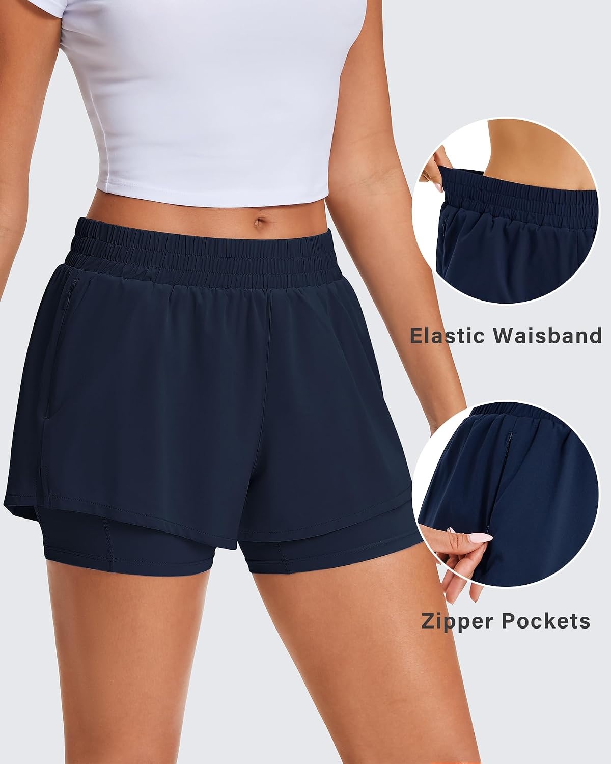 Stelle Women’s 2 in 1 Running Shorts Gym Athletic Shorts with Zip Pockets | High Waisted, 2 in 1 Athletic Shorts, Supportive Liner, Built-In Pockets, Running, Workout, Gym Training(Navy)