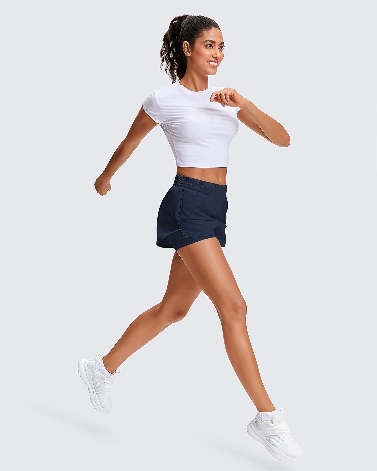 Stelle Women’s 2 in 1 Running Shorts Gym Athletic Shorts with Zip Pockets | High Waisted, 2 in 1 Athletic Shorts, Supportive Liner, Built-In Pockets, Running, Workout, Gym Training(Navy)