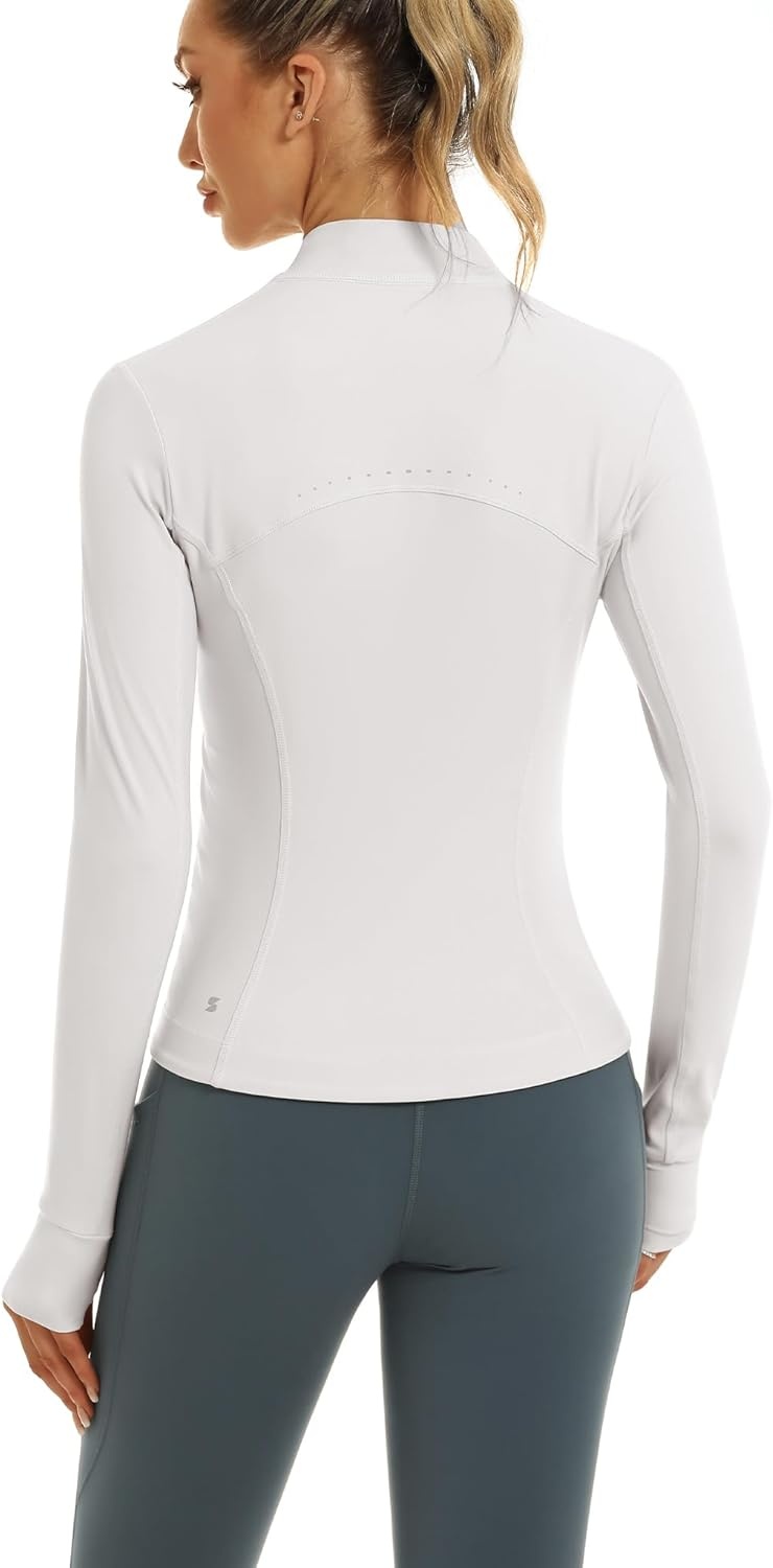 Stelle Women’s Zip Up Jackets Lightweight Athletic Running Jacket Workout Slim Fit Yoga Track Clothes with Thumb Holes(Chalk)