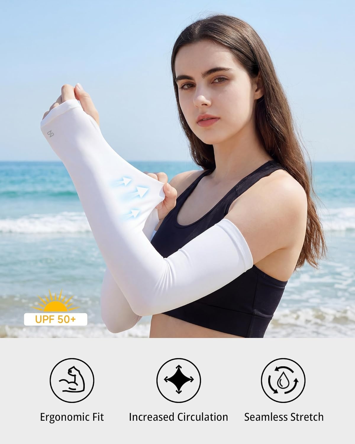Stelle Sun Protection Cooling Arm Sleeves with Thumb Holes Golf Sport UV Arm Covers Gardening Outdoor(White)
