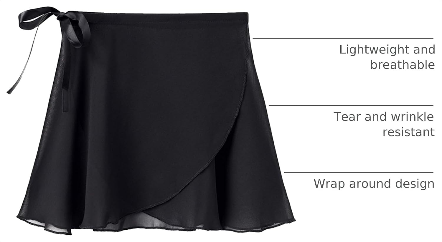 STELLE Ballet Skirt Women Chiffon Wrap Skirt Adjustable Tie Dance Skirts(Black)