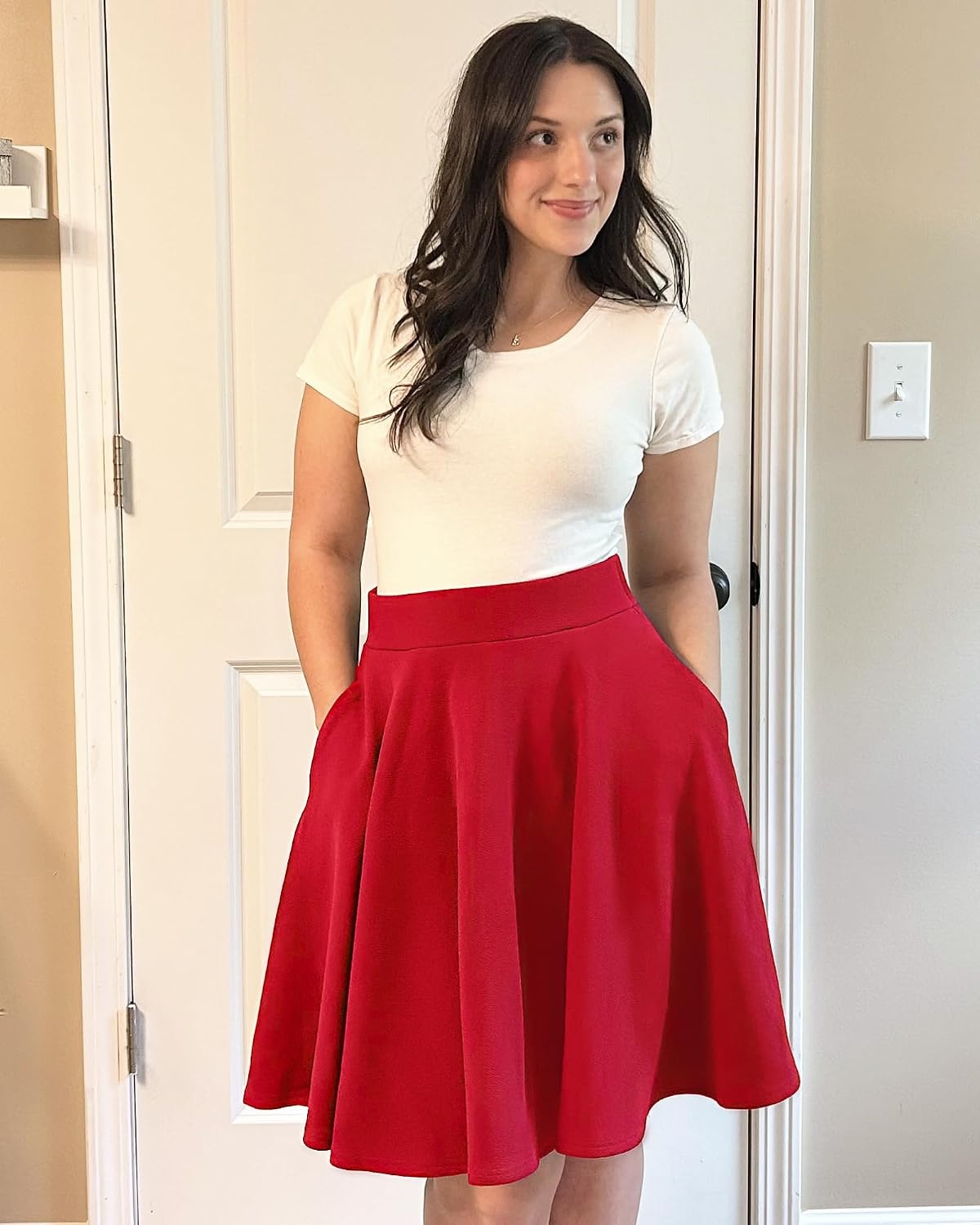 STELLE Women’s 21″ Knee Length Skirts with Pockets Casual Basic Midi Skirt Stretchy High Waisted Skater Flared Pleated(Red)