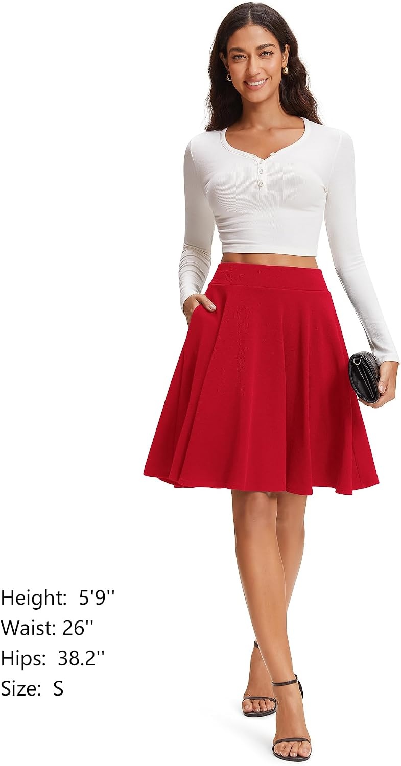 STELLE Women’s 21″ Knee Length Skirts with Pockets Casual Basic Midi Skirt Stretchy High Waisted Skater Flared Pleated(Red)
