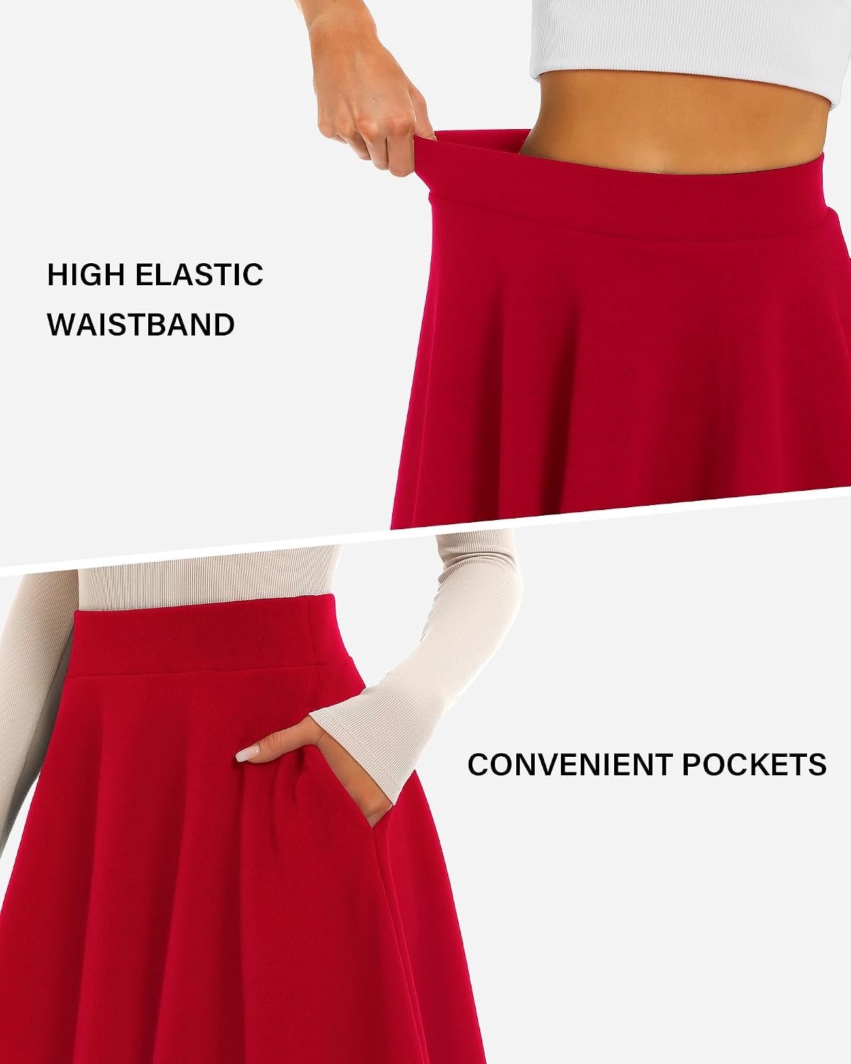 STELLE Women’s 21″ Knee Length Skirts with Pockets Casual Basic Midi Skirt Stretchy High Waisted Skater Flared Pleated(Red)