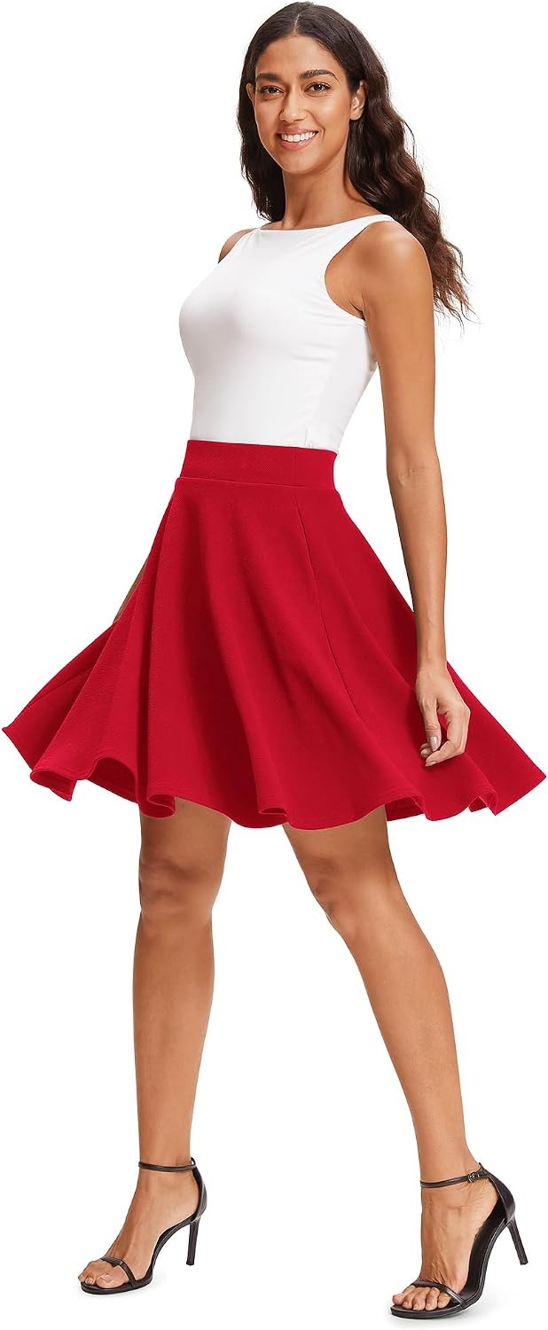 STELLE Women’s 21″ Knee Length Skirts with Pockets Casual Basic Midi Skirt Stretchy High Waisted Skater Flared Pleated(Red)