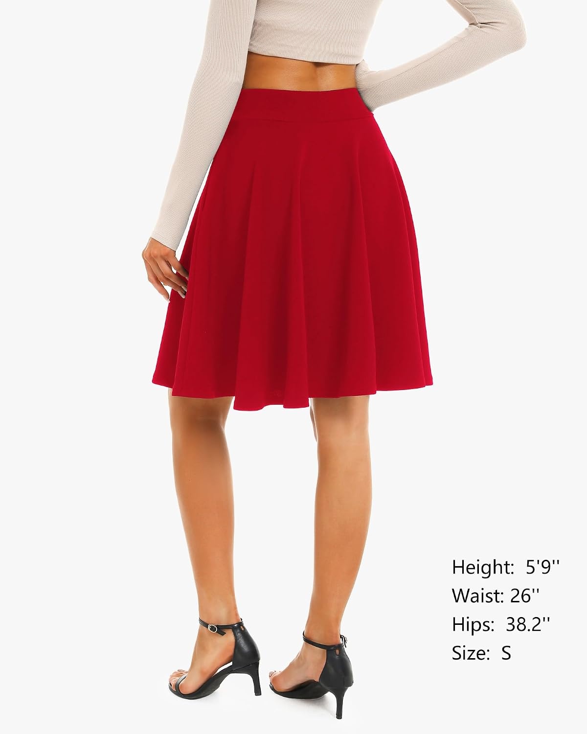 STELLE Women’s 21″ Knee Length Skirts with Pockets Casual Basic Midi Skirt Stretchy High Waisted Skater Flared Pleated(Red)