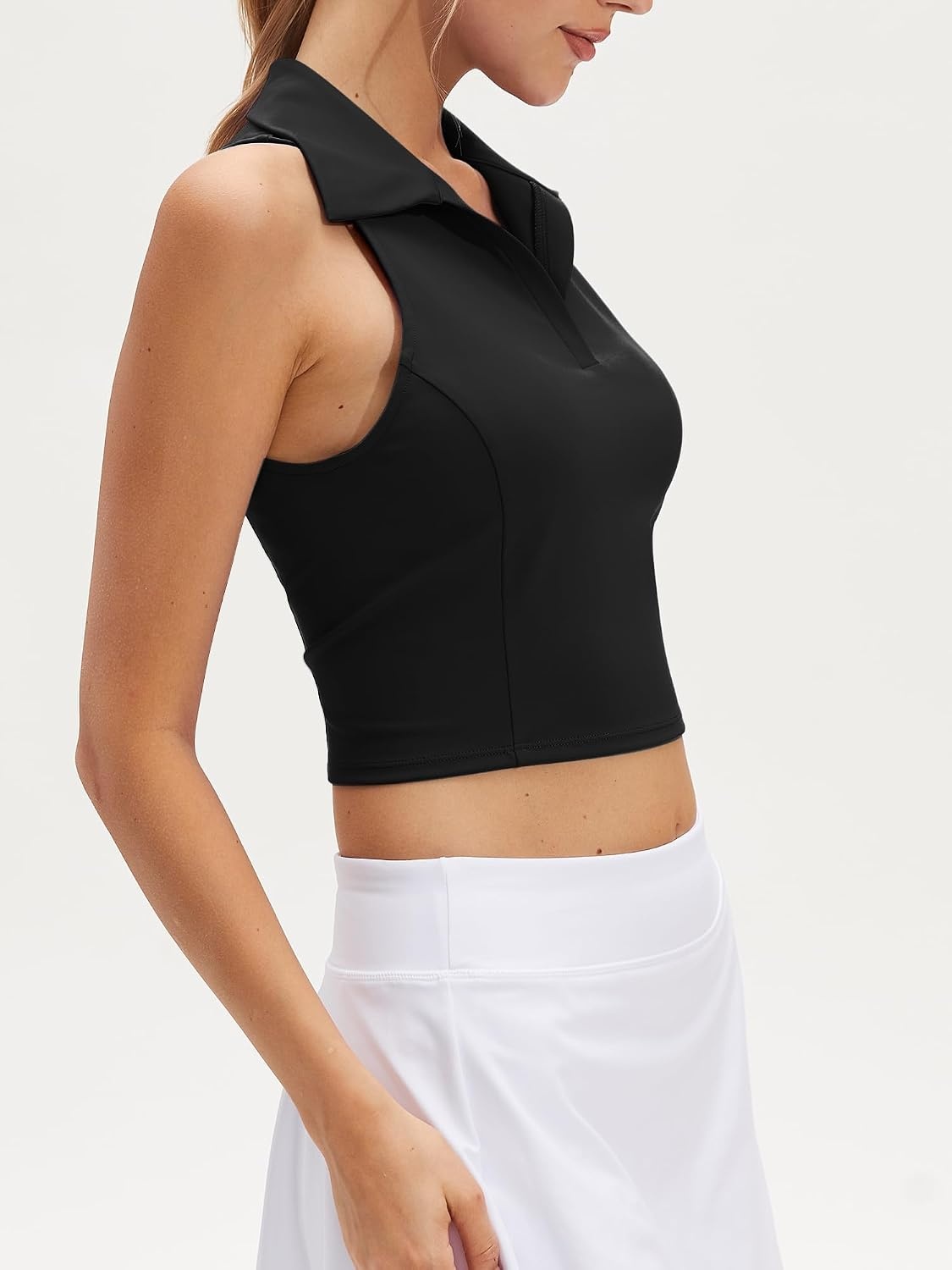 Stelle Women’s Sleeveless Golf Polo Shirt UPF50+ V Neck Collared Tennis Quick Dry Athletic Workout Cropped Tank Top(Black)