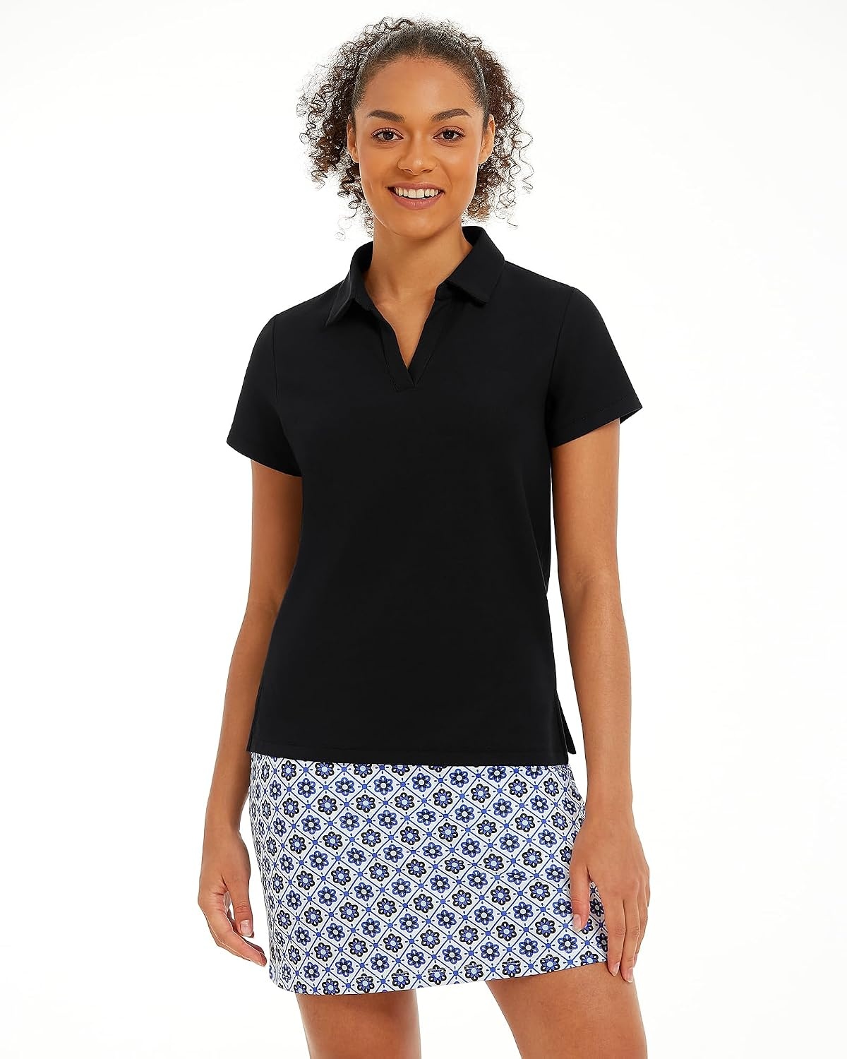Stelle Women Golf Polo Shirts Tennis Shirt Short Sleeve V Neck Quick-Drying Collared Top(Black)
