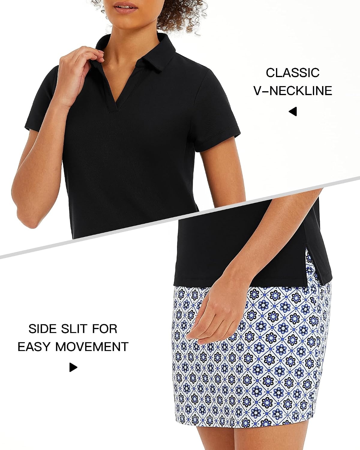 Stelle Women Golf Polo Shirts Tennis Shirt Short Sleeve V Neck Quick-Drying Collared Top(Black)