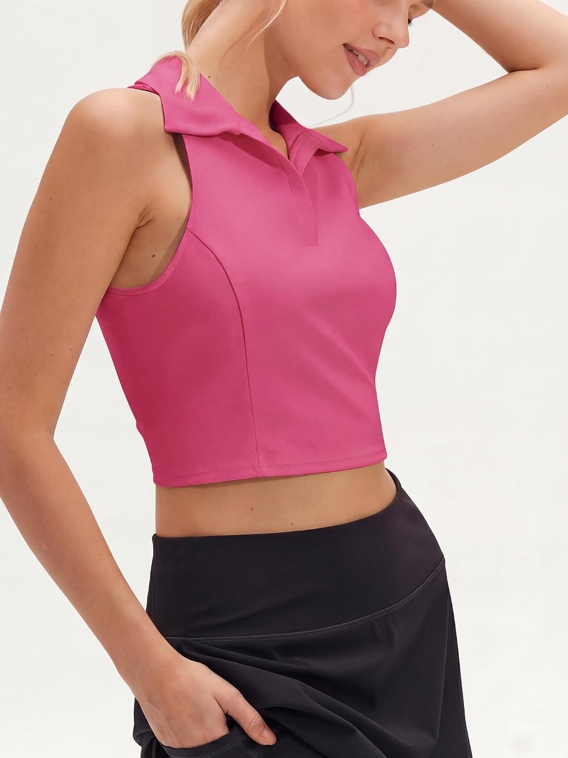 Stelle Women’s Sleeveless Golf Polo Shirt UPF50+ V Neck Collared Tennis Quick Dry Athletic Workout Cropped Tank Top(Dreamhouse Pink)