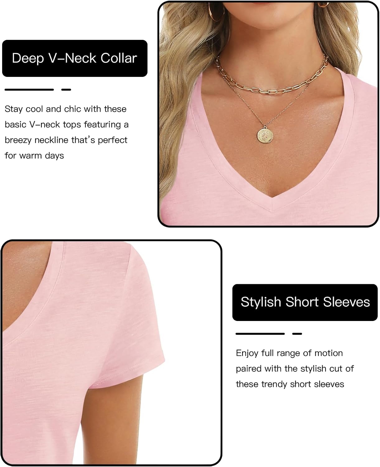 Stelle Womens Modal Soft T Shirts Short Sleeve V Neck Basic Tee | Breathable fabric, Loose Fit, Lightweight, Layering essential, Streetwear, Summer Outfits(Light Pink)