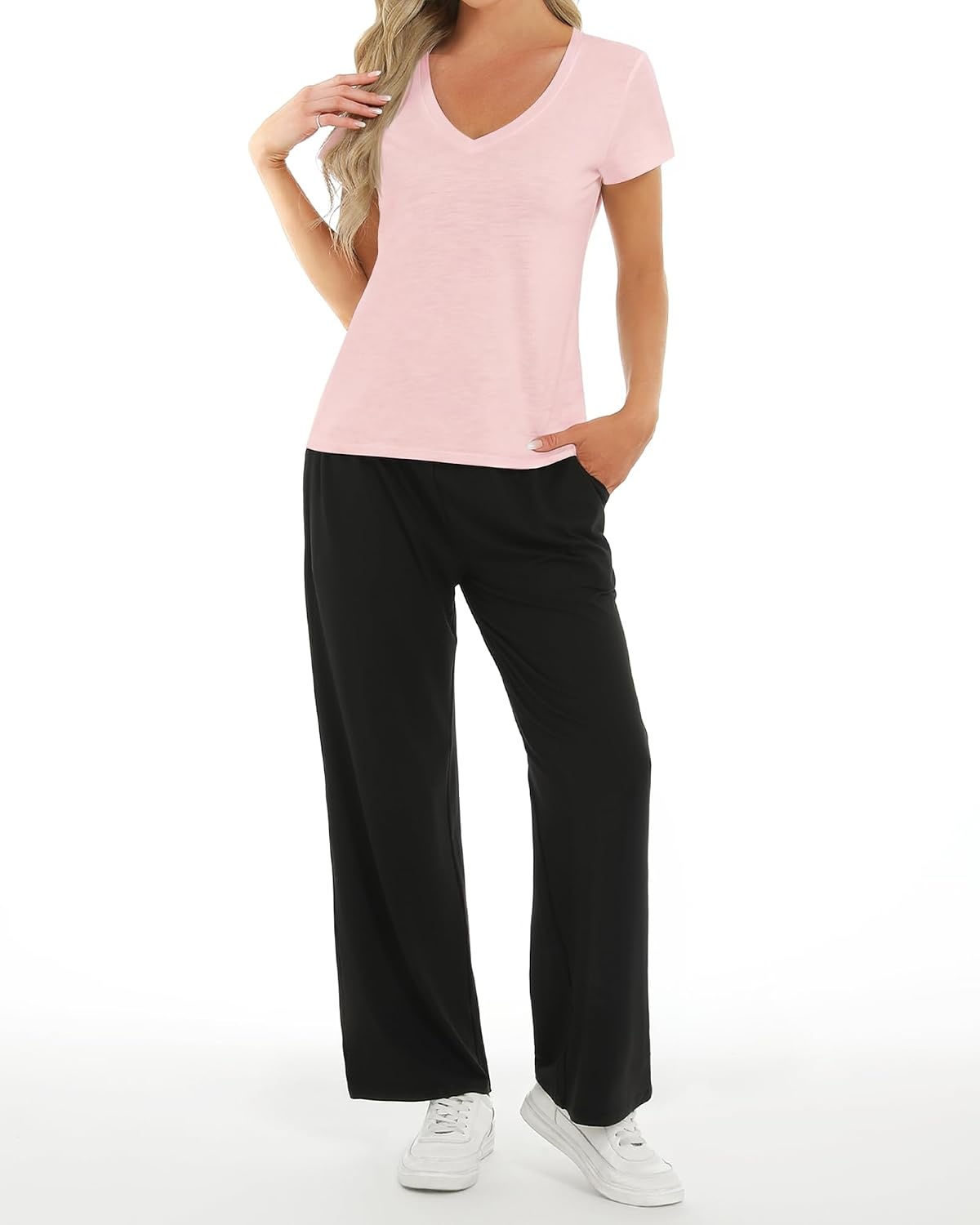 Stelle Womens Modal Soft T Shirts Short Sleeve V Neck Basic Tee | Breathable fabric, Loose Fit, Lightweight, Layering essential, Streetwear, Summer Outfits(Light Pink)