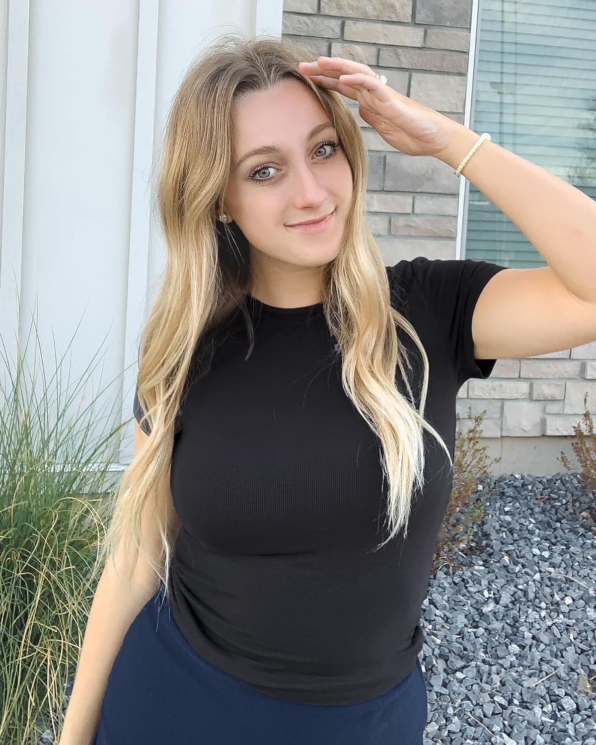 Stelle Ribbed Tops for Women Short Sleeve Tshirt Slim Fit Basic Tee Casual Blouse(Black)