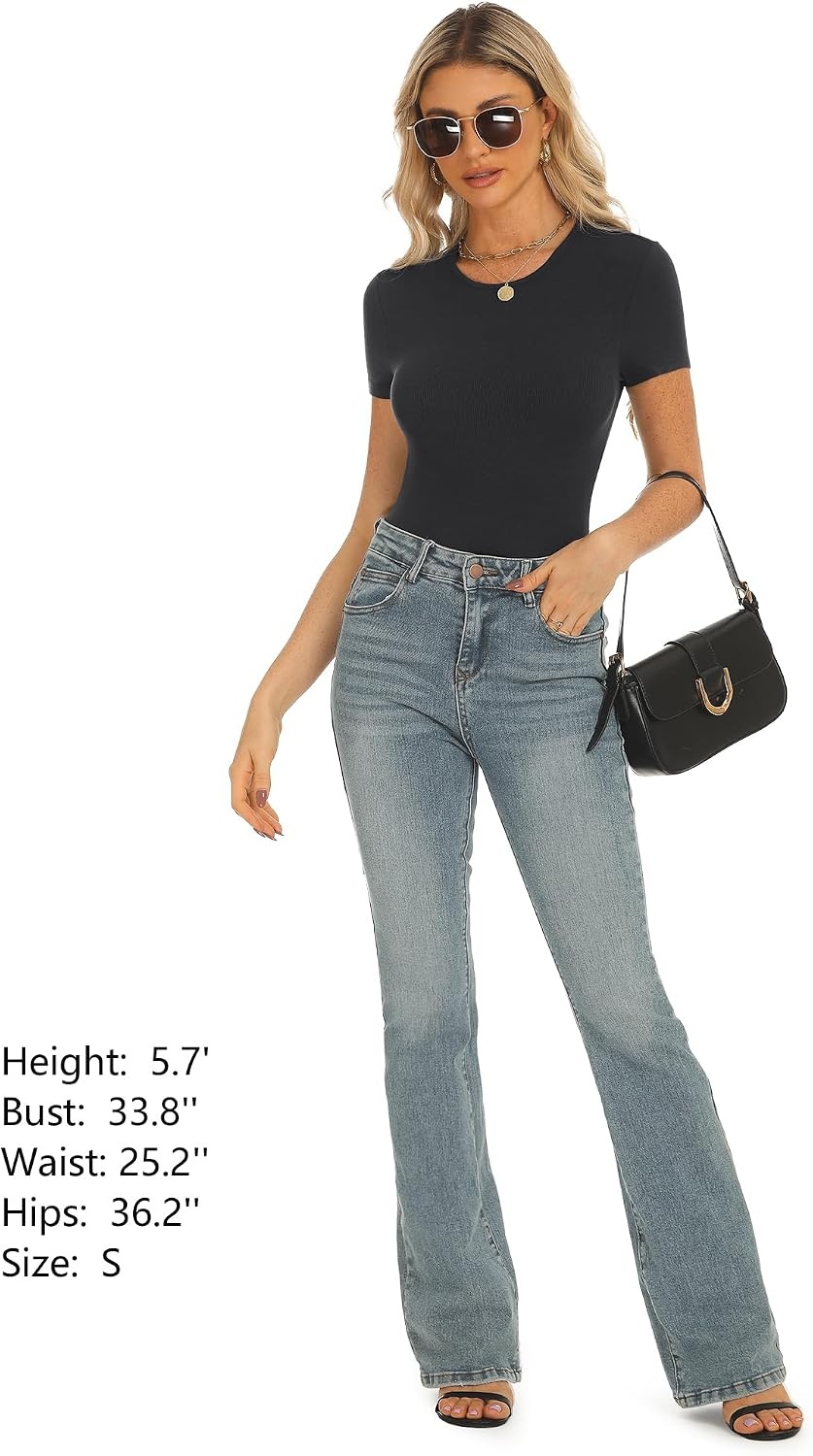 Stelle Ribbed Tops for Women Short Sleeve Tshirt Slim Fit Basic Tee Casual Blouse(Black)