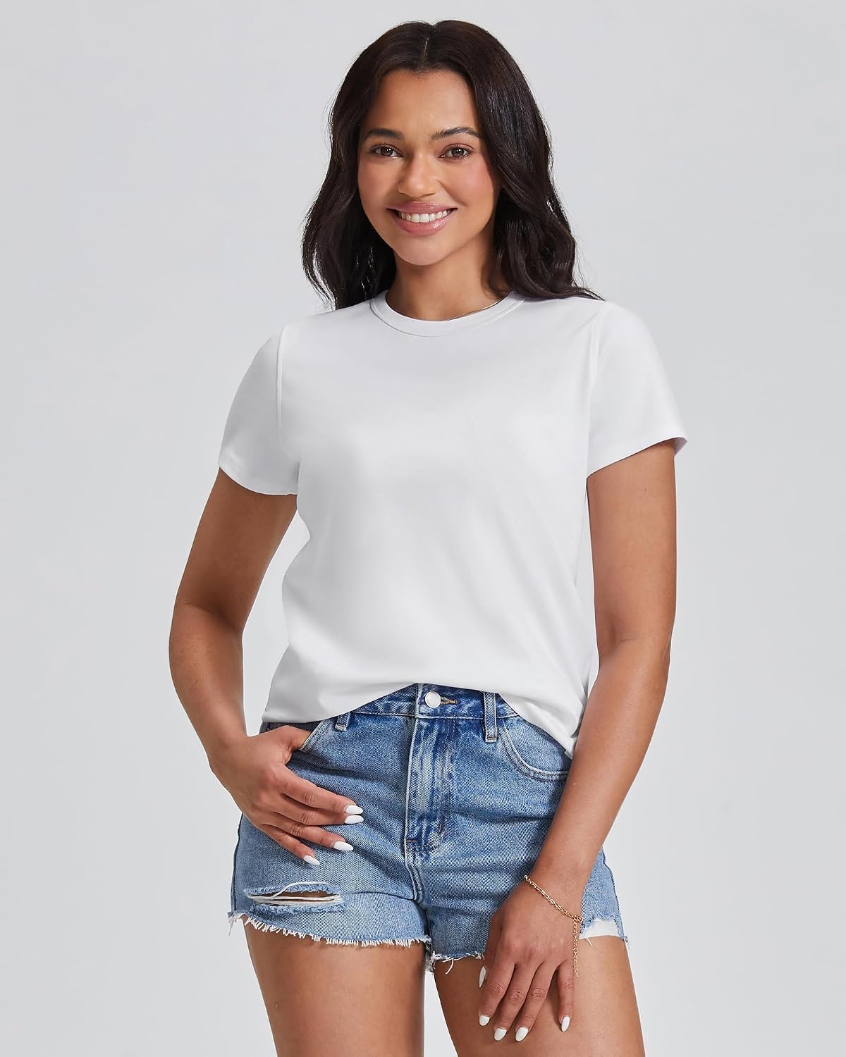 Stelle Women’s Cotton Crewneck T Shirt Short Sleeve Basic Tees Summer Tops(White)