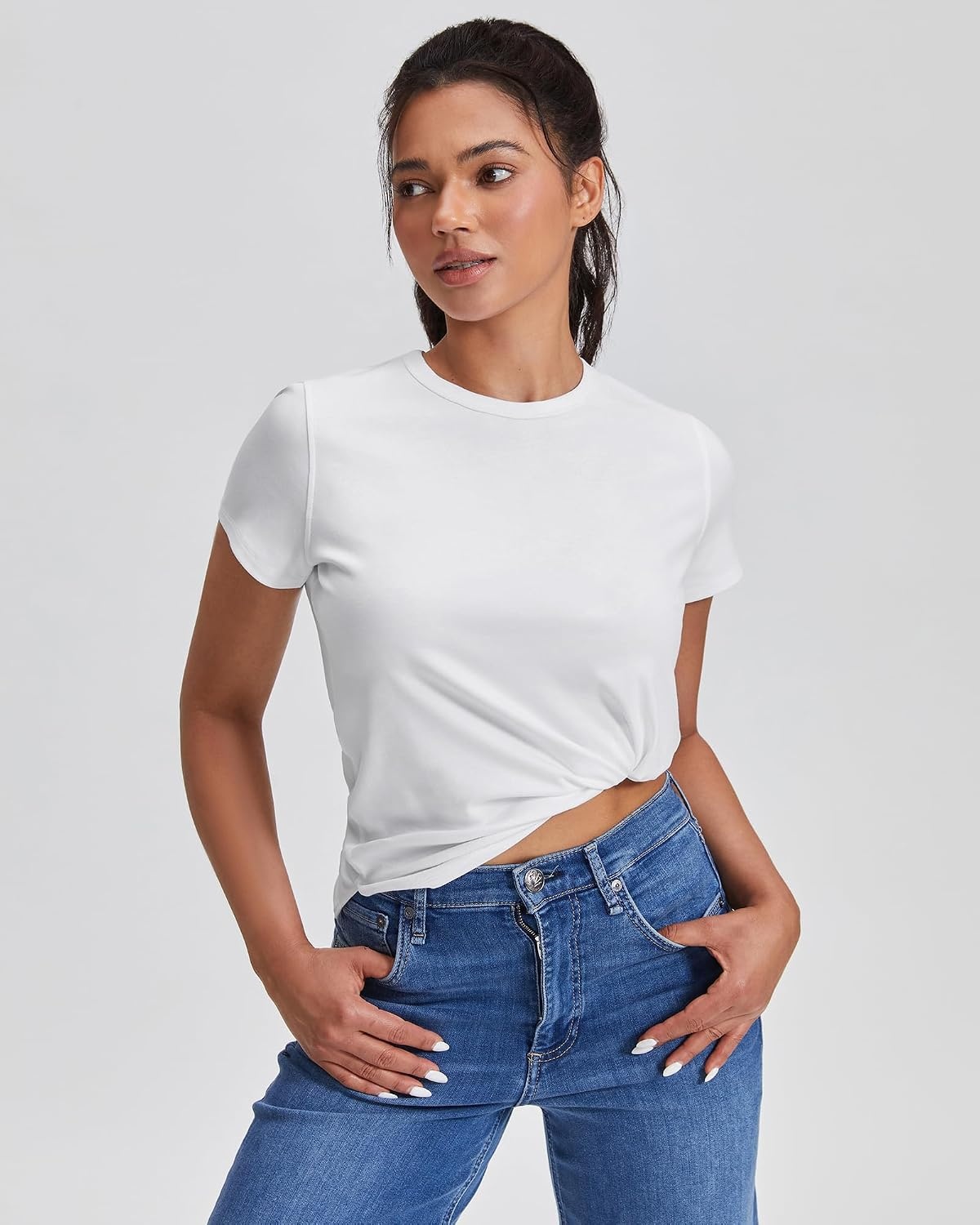 Stelle Women’s Cotton Crewneck T Shirt Short Sleeve Basic Tees Summer Tops(White)