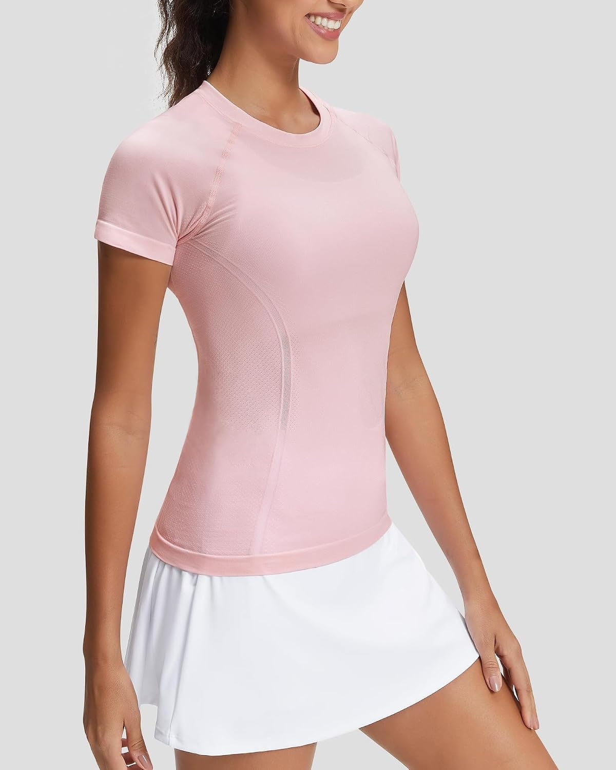 Stelle Womens Workout Tops Short Sleeve Seamless Athletic Shirts Yoga Gym Running T-Shirts(Strawberry Milk)