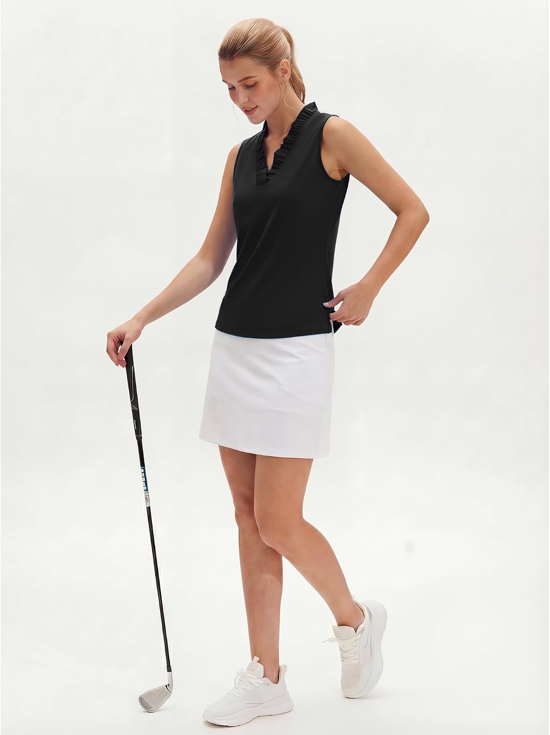 Stelle Womens Wrinkle Resist Golf Shirts UPF 50+ Sleeveless Ruffle V-Neck Tank Top Tennis Athletic Workout Top(Black)
