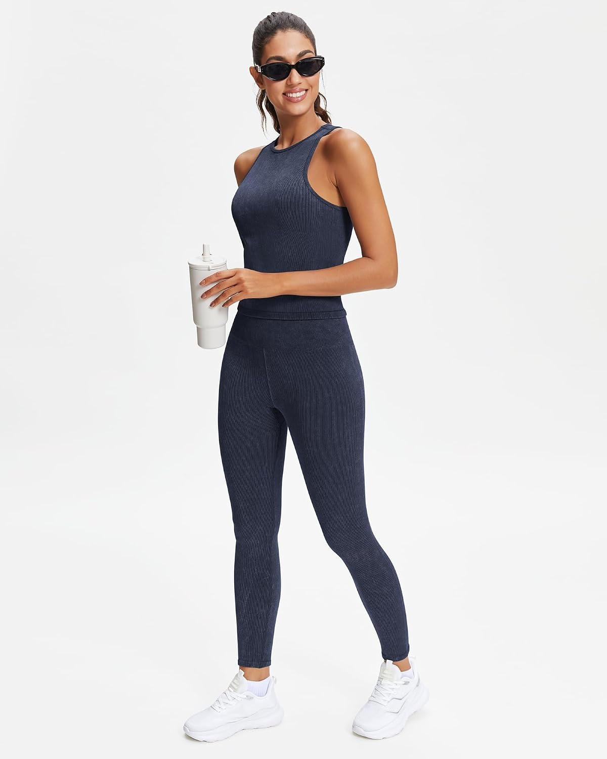 Stelle Workout Ribbed Women Seamless High Waist Yoga Leggings for Athletic(Navy)