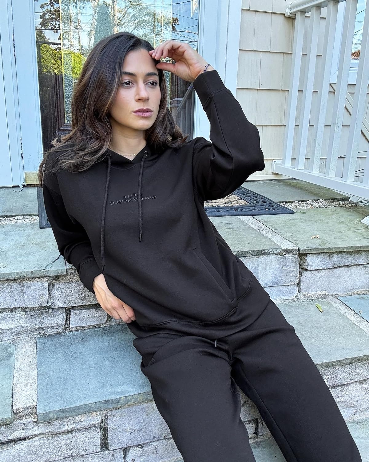 Stelle Sweat Suits for Womens 2 Piece Sweat Set Long Sleeve Hoodie Sweatsuits Sets Drawstring Sweatpants with Pockets(Black)