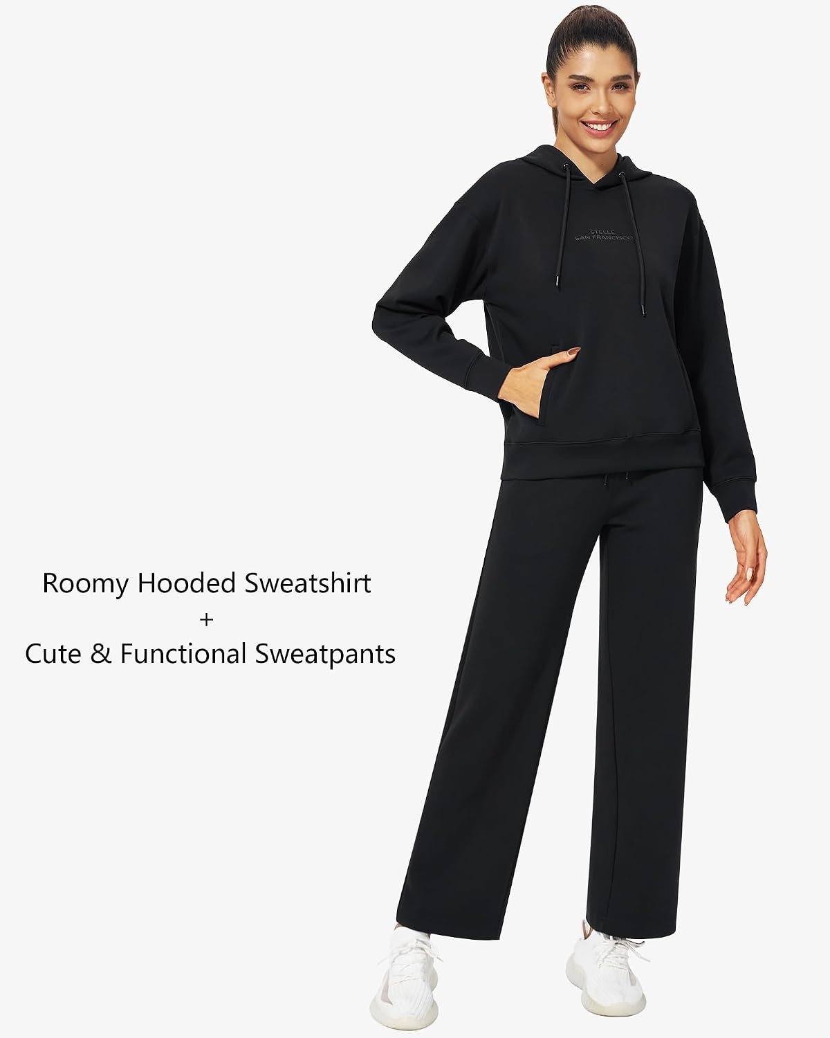 Stelle Sweat Suits for Womens 2 Piece Sweat Set Long Sleeve Hoodie Sweatsuits Sets Drawstring Sweatpants with Pockets(Black)