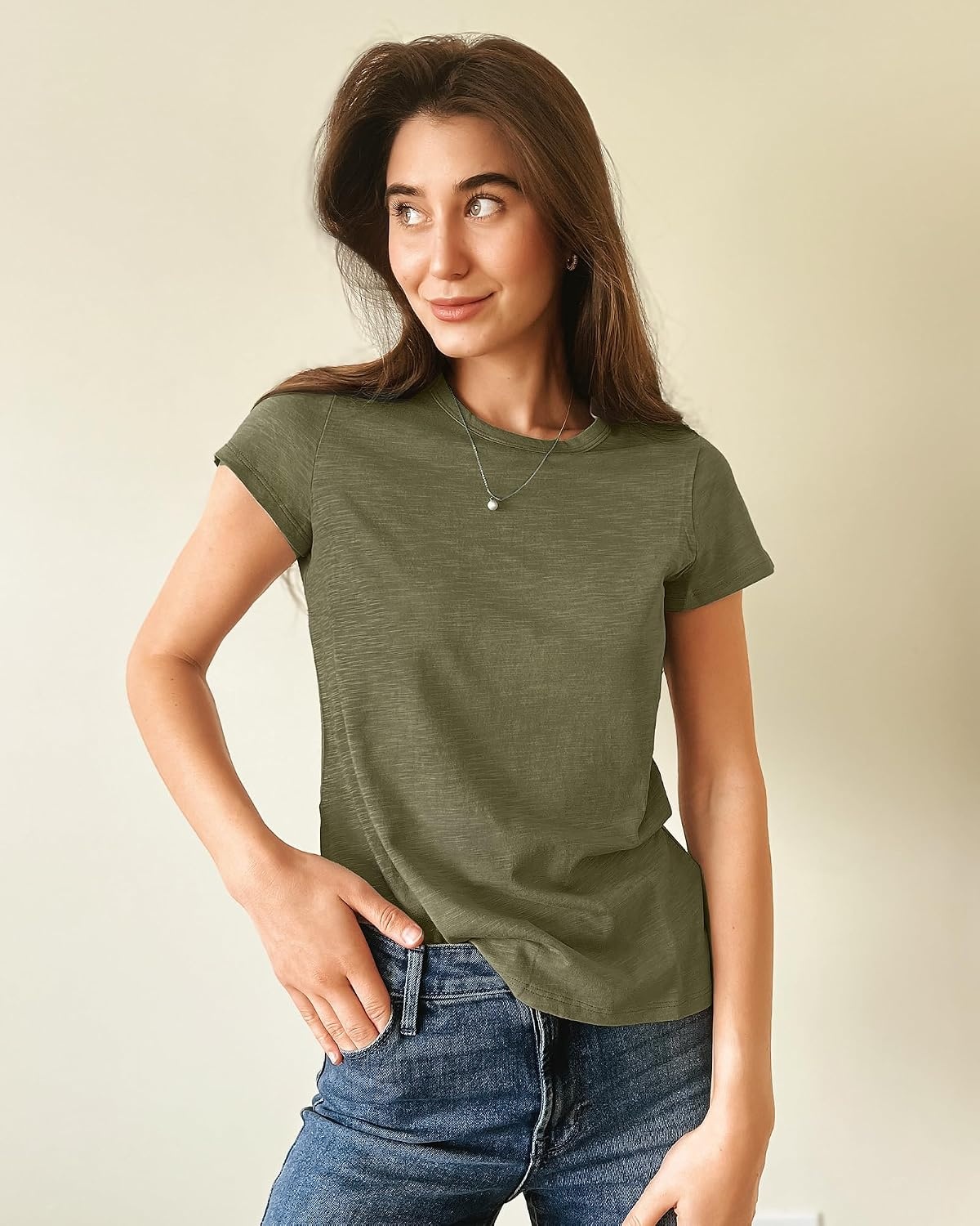 Stelle Womens Modal Soft Crewneck Short Sleeve T Shirts Basic Tees | Breathable,Cotton Blend,Loose Fit,Lightweight,Casual,Layering essential,Streetwear,Summer Outfits(Olive Green)