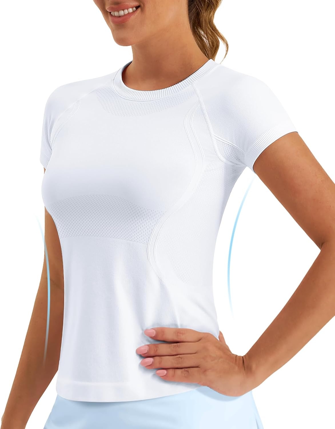 Stelle Women Workout Tops Short Sleeve Seamless Athletic Shirts Yoga Gym Sports Breathable Tees(Short Sleeve-white)