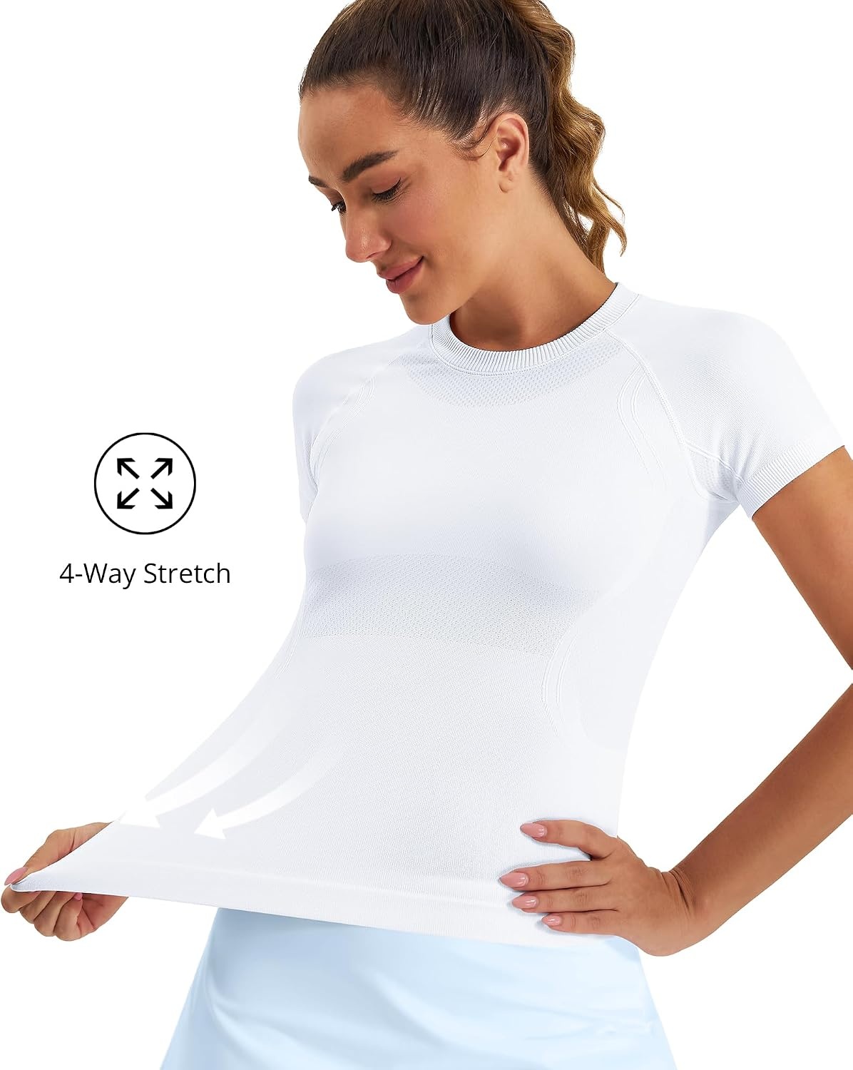 Stelle Women Workout Tops Short Sleeve Seamless Athletic Shirts Yoga Gym Sports Breathable Tees(Short Sleeve-white)