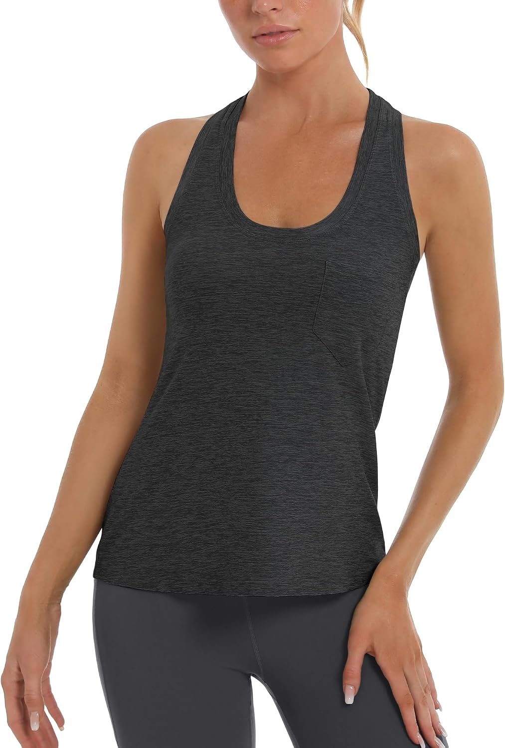 Stelle Workout Tank Tops for Women, Athletic Scoop Neck Racerback Shirt with Chest Pocket, Yoga Gym Running Summer Top(Charcoal)