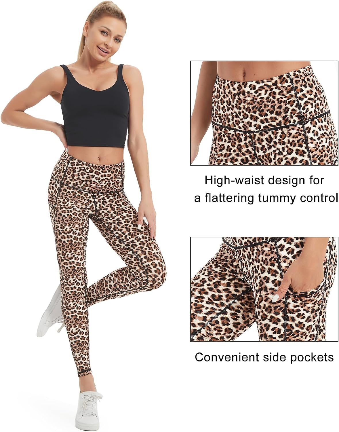 Stelle High Waisted Yoga Leggings with Pockets, Buttery Soft Workout Yoga Pants for Women Tummy Control Running Gym(Leopard)