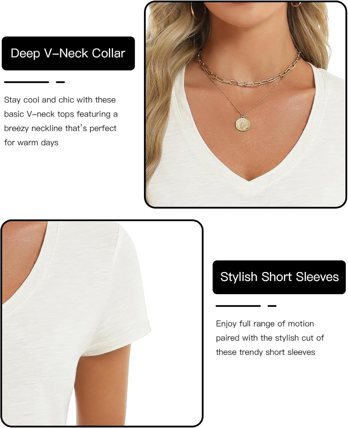 Stelle Womens Modal Soft T Shirts Short Sleeve V Neck Basic Tee Casual Loose Fit Tops Lightweight Soft Summer Outfits Clothes(Creme)