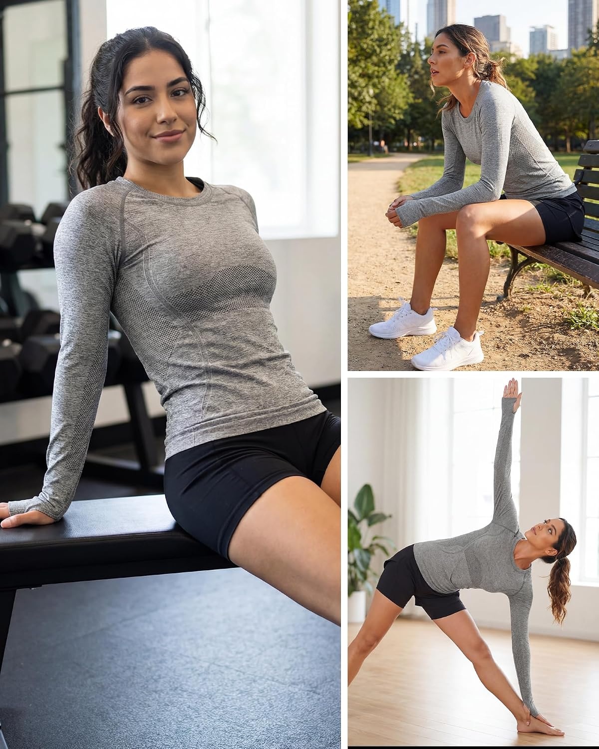 Stelle Women Workout Tops Long Sleeve Seamless Compression Athletic Shirts Yoga Gym Sports Breathable Tees(Grey)